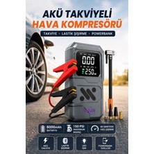 Wair Teknoloji Taşınabilir Akü Takviyeli Hava Kompresörü 6000MAH Şarjlı Lastik Şişirme Cihazı 150 Psı Powerbank LED Işıklı Dijital Göstergeli