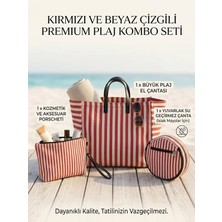 Yedideri Kırmızı Beyaz Çizgili Premium 3'lü Plaj Çantası Seti – Su Geçirmez Islak Eşya Çantalı