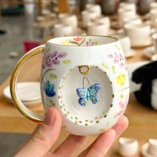 BSK Ceramics Handmade Bahar Dalı Desenli Kelebekli Kupa