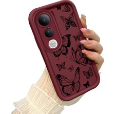 HONTINGA Vivo V50 Lite ile Uyumlu Kılıf Kamera Koruyucu Basitlik Anti Düşme Kamera Korumalı Kelebek Bordo Desen Yumuşak Silikon Couple Telefon Kılıfı Kadın ve Erkek Için Uygundur K2-7411