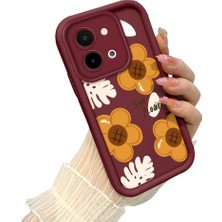 HONTINGA Vivo Y28 ile Uyumlu Kılıf Kamera Koruyucu Basitlik Anti Düşme Kamera Korumalı Çiçekli Bordo Desen Yumuşak Silikon Couple Telefon Kılıfı Kadın ve Erkek Için Uygundur K2-7415
