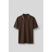 Abluka Online Erkek Oversize Kontrast Detaylı Triko Polo Yaka T-Shirt Kahverengi