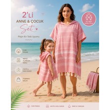 Pınars Anne Çocuk 2li Set Bornoz Panço %100 Pamuk Plaj Havlusu Peştemal Pembe (Anne S/m )