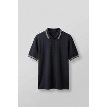 Abluka Online Erkek Oversize Kontrast Detaylı Triko Polo Yaka T-Shirt Lacivert