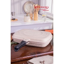 EVREN MUTFAK 36 cm Cream Granit İkiz Grill Tava, Çift Taraflı Izgara Grill Pan