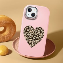 HONTINGA iPhone 15 Plus ile Uyumlu Kılıf Kamera Korumalı Düşüme Önleyici Kamera Koruyucu Pembe Yumuşak Silikon Couple Telefon Kılıfı Leoparlı Kalp Desenli K4-0440
