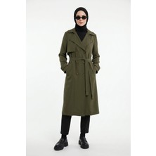 Armine Trend Belden Kuşaklı Aller Detaylı Tencel Kumaş Trençkot Haki 26YTD714