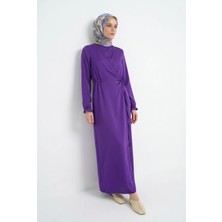 Armine Trend Kolları Lastikli V Yaka Detaylı Elbise Mor 25YT944
