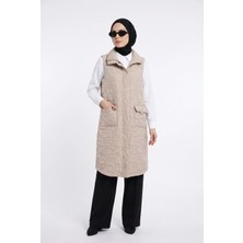 Armine Trend Kapitone Desenli Tam Fermuarlı Arkası Büzgülü Yelek Bej 26YT538
