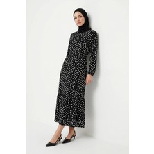 Armine Trend Beli Kuşaklı ve Lastik Manşetli Puantiye Desen Elbise Siyah 26YT914