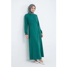 Armine Trend Kolları Lastikli V Yaka Detaylı Elbise Yeşil 25YT944
