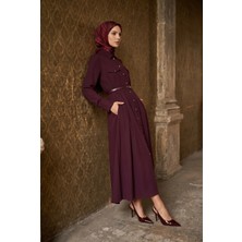 Armine Trend Gold Düğmeli Kemerli Cepli Elbise Bordo 26YT922