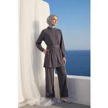 Armine Trend Boydan Fermuarlı Beli Kemerli Pantolonlu Ikili Takım Lacivert 26YT6138