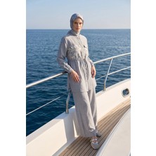 Armine Trend Çiçek Desenli Beli Büzgülü Tunik ve Geniş Paça Pantolonlu Takım Indigo 26YT6156