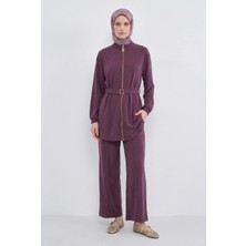 Armine Trend Boydan Fermuarlı Beli Kemerli Pantolonlu Ikili Takım Mürdüm 26YT6138