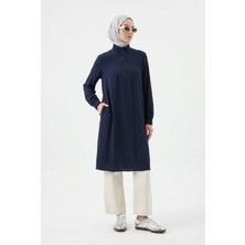 Armine Trend Yarım Fermuarlı Kolları Lastikli Çilek Kumaş Tunik Lacivert 26YT462