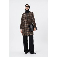 Armine Trend Yarım Fermuarlı Kendinden Desenli Tunik Kahverengi 26YT473