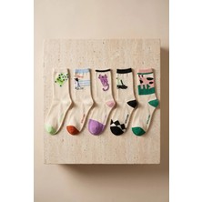 Bony Socks Kadın  5'li  Kedi Desenli Çok Renkli Soket Çorap
