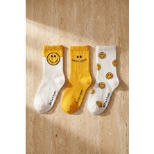 Bony Socks Çocuk Gülen Yüz Desenli 3'lü Soket Okul Çorabı Sarı Mix