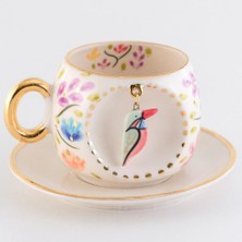 BSK Ceramics Handmade Bahar Dalı Desenli Kuşlu Kahve Fincanı