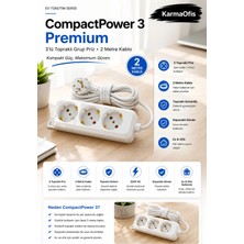 KarmaOfis Compactpower 3 Premium 3'lü Topraklı Grup Priz 2 Metre Kablolu Çoklu Priz Ev Ofis Kullanımı