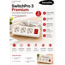 KarmaOfis Switchpro 3 Premium 3'lü Anahtarlı Topraklı Grup Priz Aç/kapat Anahtarlı Çoklu Priz Ev Ofis Kullanımı