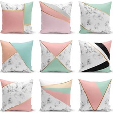 Rem Home Çift Taraflı Renkli Geometrik Desenli Mermer Motifli Baskılı Modern Raşel Örme Yastık Kırlent Kılıfı