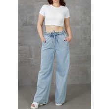 Aknca Kadın Beli Lastikli Rahat Kesim Kot Pantolon