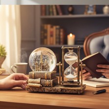 Keyfim Shop Kişiye Özel Nostaljik Kitap Temalı Kum Saati ve Kar Küresi Dekoratif Masa Aksesuarı