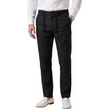 Rizzup Siyah Slim Fit Likralı Keten Dokulu Lastikli Belli Ipli Yazlık Erkek Pantolon 2603001