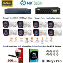 Nif Bilişim Xmeye 5mp 2.8mm Sabit Lens Polis Çakarlı Sesli ve Gece Renkli 8 Kameralı Ip Kamera Seti 6tb Disk
