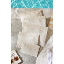 Ocean Home Textile 5'li Su Geçirmez Pvc Astarlı Bej Dama Desen Islak Kuru Çanta Seti 20 x 13 / 24 x 20 / 30 x 24 / 28 x 30 / 30 x 36 cm