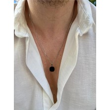 Fjellor Rhalion Gümüş Renk Paslanmaz Çelik Gurmet Zincir Yastık Form Oniks Taşlı Erkek Kolye