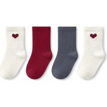 Solde Socks 4’lü Set Bebek/çocuk Pamuklu Günlük Çorap – Kalp Desenli & Düz Renk, Kaliteli