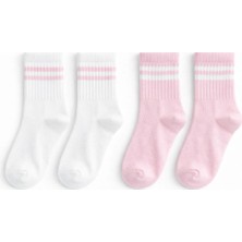 Solde Socks 2'li Kız Çocuk Pamuklu Günlük Çorap - Çizgili Desen, Beyaz & Pudra Renk, Yumuşak Dokulu, Kaliteli