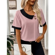 Lune Store Kadın Kısa Kollu Asımetrik Yaka Detaylı Düğmeli Dubai Bluz