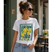 Hesco Limon Cello Baskılı Beyaz  Kadın Tişört – Vintage Yaz Temalı Grafik Tasarım