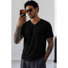 Tarz Cool Erkek Flamlı Pamuklu V Yaka Basic Slim Fit Tişört Yazlık Günlük Şık Tişört