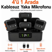 Ayers 4’ü 1 Arada Kablosuz Yaka Mikrofonu, 2.4g Bağlantılı Dijital Ekranlı Şarj Kutulu Mikrofon Seti, Type-C ve Lightning Giriş Destekli, Kablosuz Lavalier Mikrofon, Telefon ve Video Çekimi