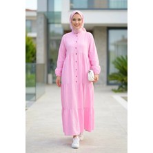 Harma Time Butik Kadın Düğmeli Kat Detaylı Keten Pembe Elbise