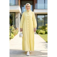 Harma Time Butik Kadın Düğmeli Kat Detaylı Keten Sarı Elbise