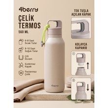 4Berry Çelik Termos 560 ml Paslanmaz Çelik Çift Duvarlı Sızdırmaz Kapaklı Askılı Taşınabilir Sıcak Soğuk Termos - Bej