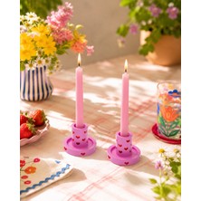El Yapımı 2'li Kalp Desenli Şamdan Mumluk Seti Taş Tozu | Atiye Studio | Pembe Romantik Ince Mum Şamdan
