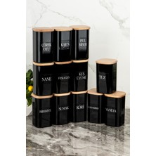 Dolkin Home 12 Adet 250 ml Vakumlu Bambu Ahşap Kapaklı Siyah Akrilik Baharatlık Seti Etiket Hediyeli