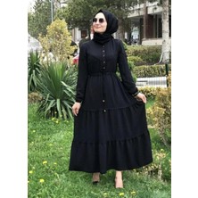 Harma Time Butik Kadın Düğmeli Dantel Detaylı Beli Bağcıklı Ayrobin Siyah Elbise