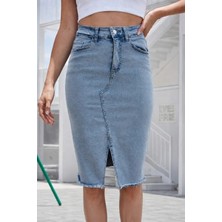 Lune Store Kadın Yüksek Bel Önden Yırtmaçlı Kısa Kot Etek