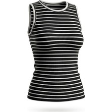 AKD Atelier Kadın Atlet Kolsuz Bisiklet Yaka Çizgili Fitilli Likralı Sıfır Kollu T-Shirt