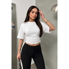 Spirituel Kadın T-Shirt Kısa Yarasa Kol Bisiklet Yaka Yandan Büzgülü Darpeli Sandy Bluz