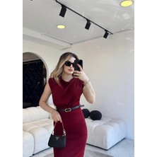 Vatkalı Omuz Detaylı Midi Elbise