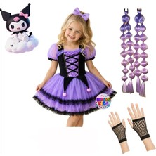3b Kids Kuromi Elbiseee Kuromi Kostüm Kuromi Mor Bubble Saç 2 Adet , Eldiven Seti